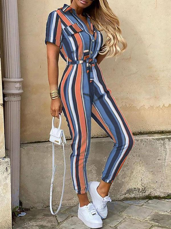 Women's Casual Lapel Buttoned Belt Cargo Jumpsuit - 808Lush