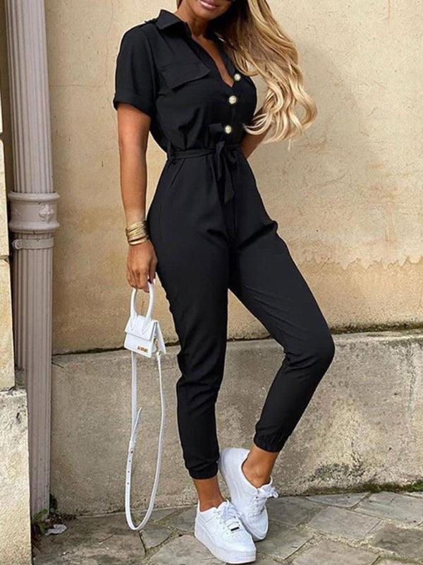 Women's Casual Lapel Buttoned Belt Cargo Jumpsuit - 808Lush