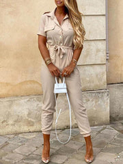 Women's Casual Lapel Buttoned Belt Cargo Jumpsuit - 808Lush