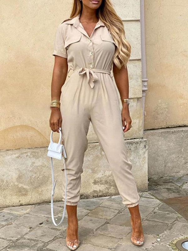 Women's Casual Lapel Buttoned Belt Cargo Jumpsuit - 808Lush