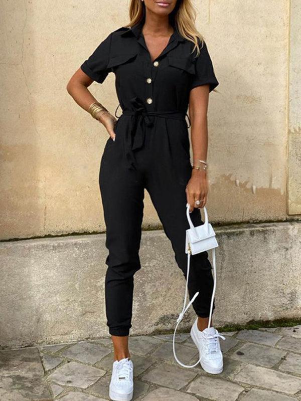 Women's Casual Lapel Buttoned Belt Cargo Jumpsuit - 808Lush