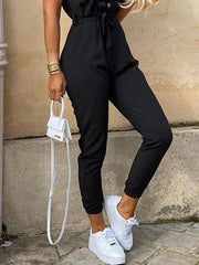 Women's Casual Lapel Buttoned Belt Cargo Jumpsuit - 808Lush