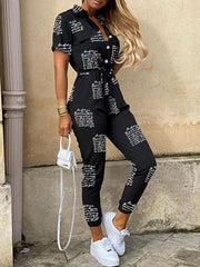 Women's Casual Lapel Buttoned Belt Cargo Jumpsuit - 808Lush