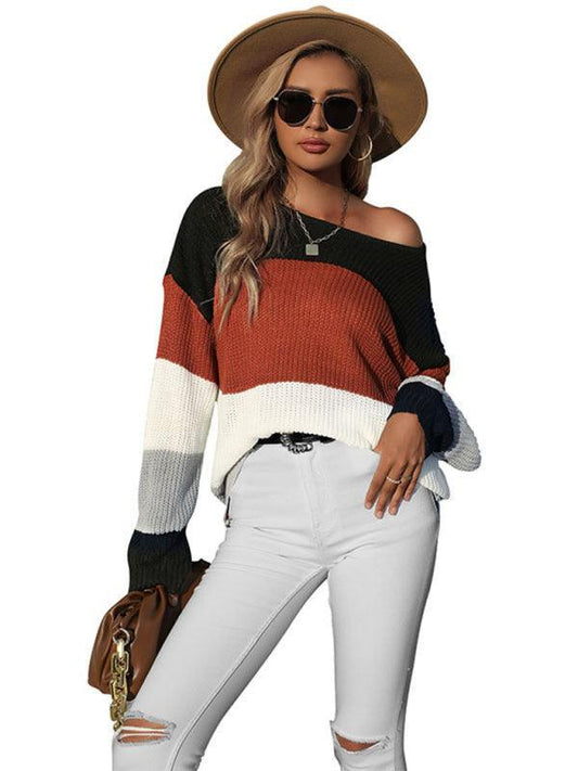 Women's Casual Long Sleeve Mid Length Contrast Sweater - 808Lush