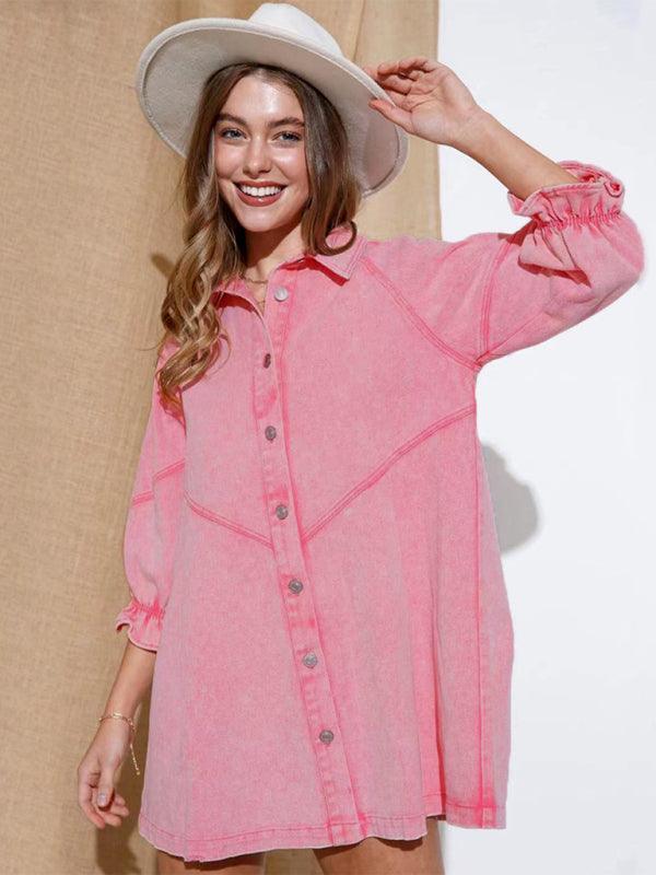 Women's Casual Loose Denim Balloon Sleeve Long Sleeve Dress - 808Lush