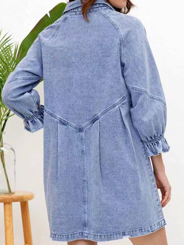 Women's Casual Loose Denim Balloon Sleeve Long Sleeve Dress - 808Lush