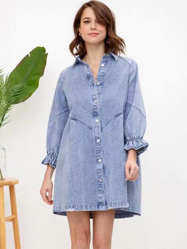 Women's Casual Loose Denim Balloon Sleeve Long Sleeve Dress - 808Lush