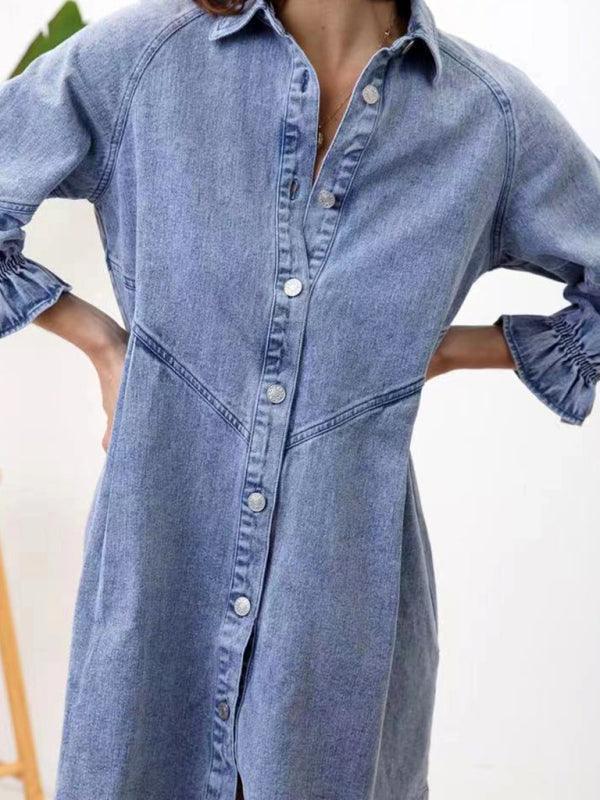 Women's Casual Loose Denim Balloon Sleeve Long Sleeve Dress - 808Lush