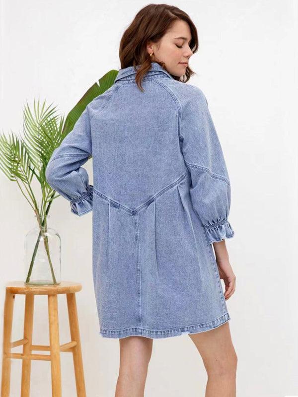 Women's Casual Loose Denim Balloon Sleeve Long Sleeve Dress - 808Lush