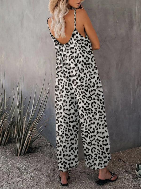 Women's Casual Sleeveless Leopard Print Pocket Loose Suspender Jumpsuit - 808Lush