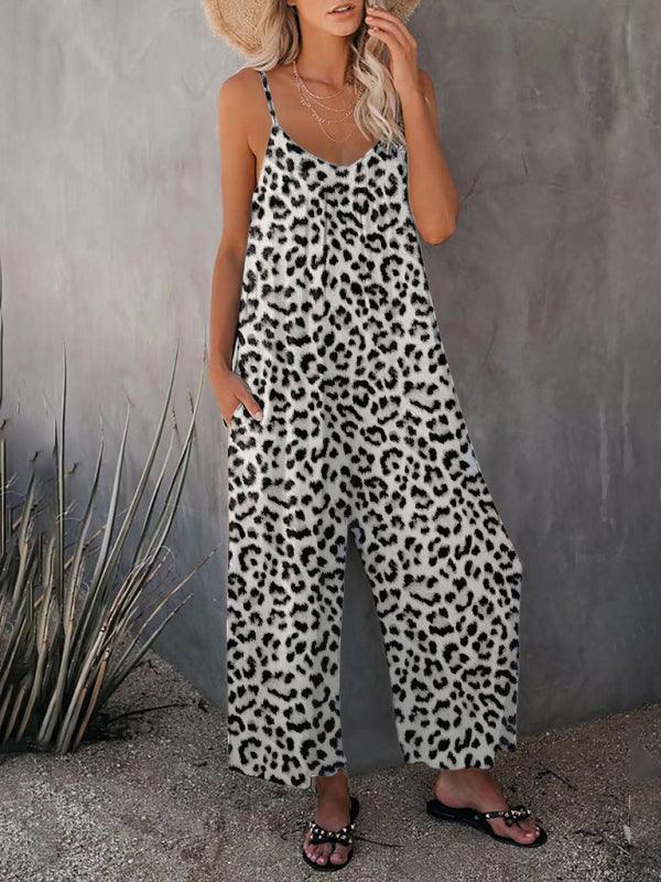 Women's Casual Sleeveless Leopard Print Pocket Loose Suspender Jumpsuit - 808Lush