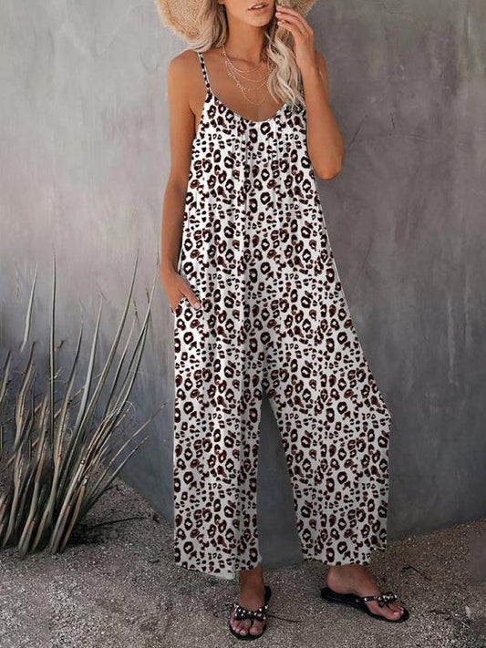 Women's Casual Sleeveless Leopard Print Pocket Loose Suspender Jumpsuit - 808Lush