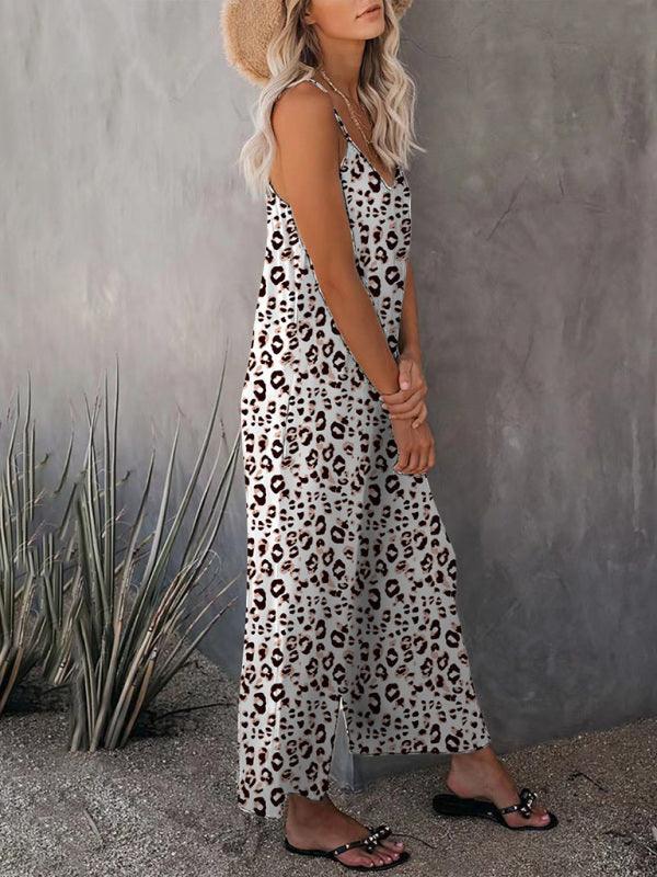 Women's Casual Sleeveless Leopard Print Pocket Loose Suspender Jumpsuit - 808Lush