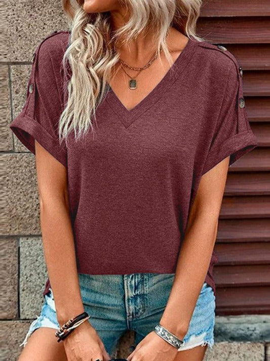Women's Casual Solid Color Button Short Sleeve T-Shirt - 808Lush