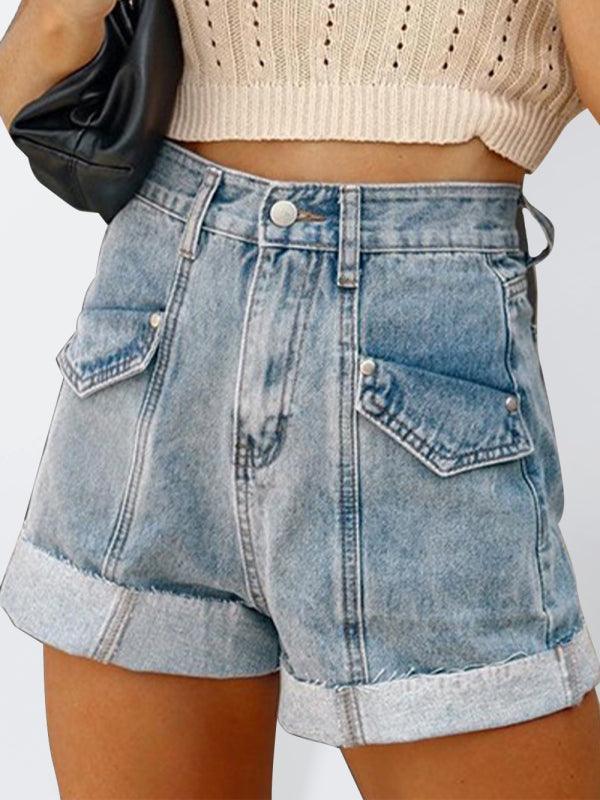 Women's Casual Stitching Turnover Denim Shorts - 808Lush