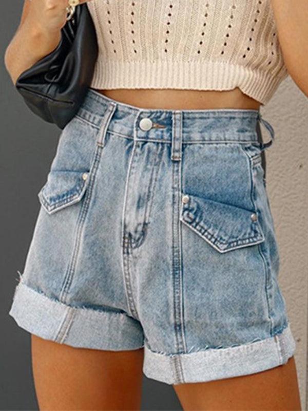 Women's Casual Stitching Turnover Denim Shorts - 808Lush