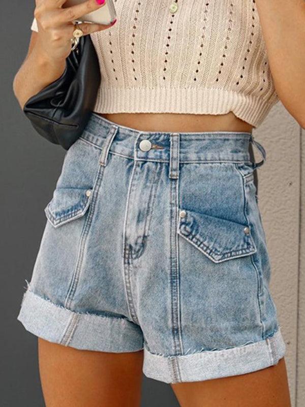 Women's Casual Stitching Turnover Denim Shorts - 808Lush