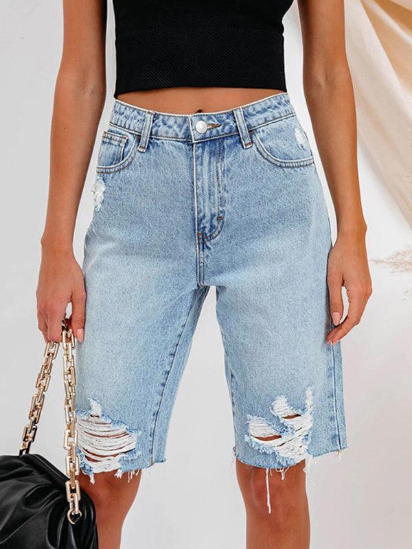 Women's Casual Stretch Ripped Denim Cropped Pants - 808Lush