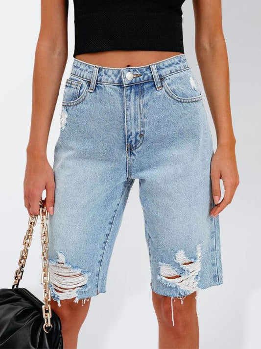 Women's Casual Stretch Ripped Denim Cropped Pants - 808Lush