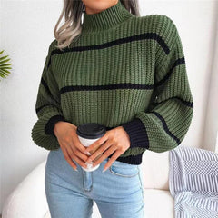 Women's Casual Striped Balloon Sleeve Turtleneck Sweater - 808Lush