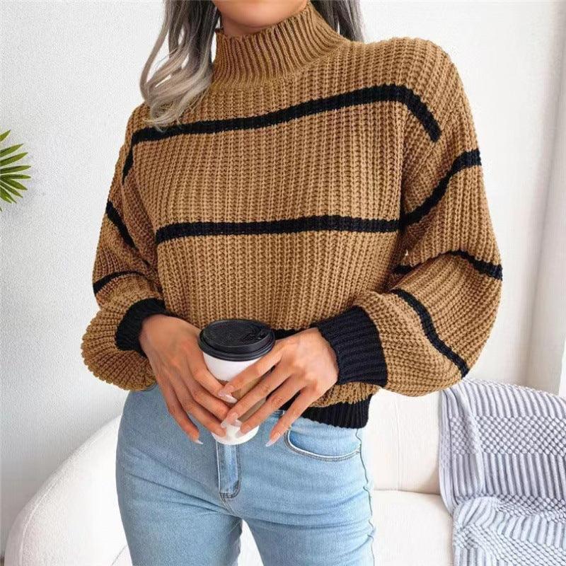 Women's Casual Striped Balloon Sleeve Turtleneck Sweater - 808Lush