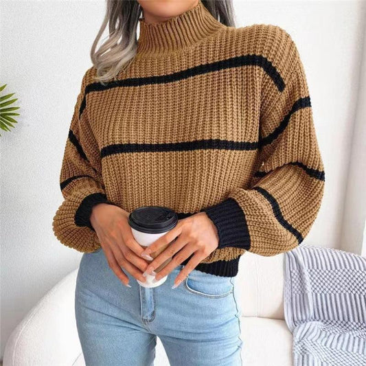 Women's Casual Striped Balloon Sleeve Turtleneck Sweater - 808Lush