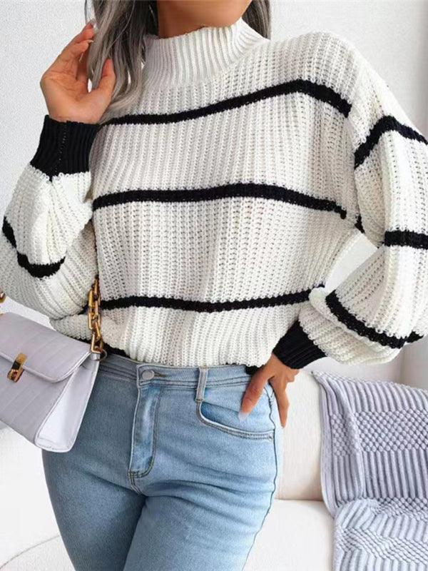 Women's Casual Striped Balloon Sleeve Turtleneck Sweater - 808Lush