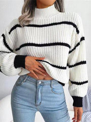 Women's Casual Striped Balloon Sleeve Turtleneck Sweater - 808Lush