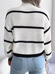 Women's Casual Striped Balloon Sleeve Turtleneck Sweater - 808Lush