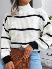 Women's Casual Striped Balloon Sleeve Turtleneck Sweater - 808Lush