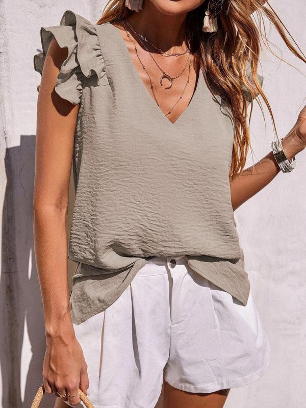 Women's Casual V Neck Ruffle Tank Top Summer Sleeveless Shirt - 808Lush