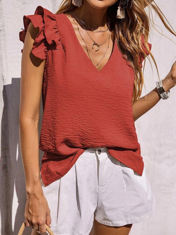 Women's Casual V Neck Ruffle Tank Top Summer Sleeveless Shirt - 808Lush