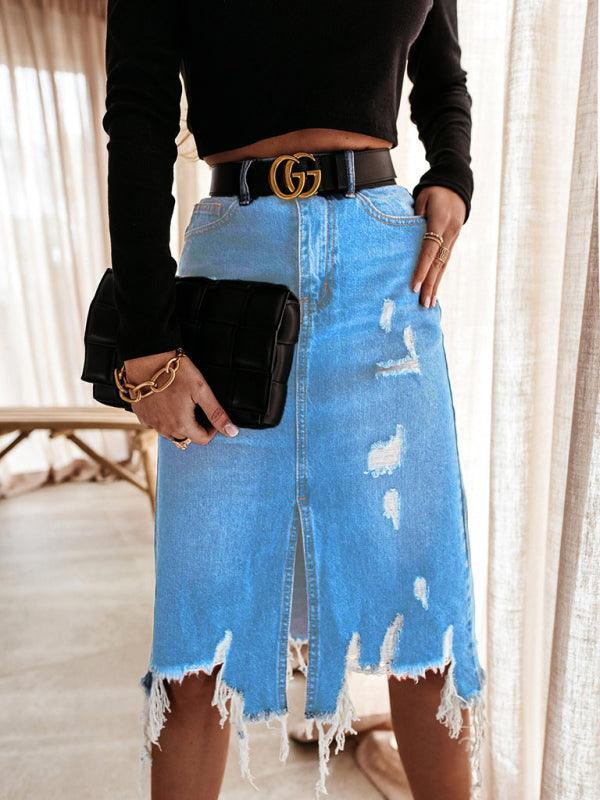 Women's Casual Washed Irregular Ripped Fringed Denim Skirt - 808Lush