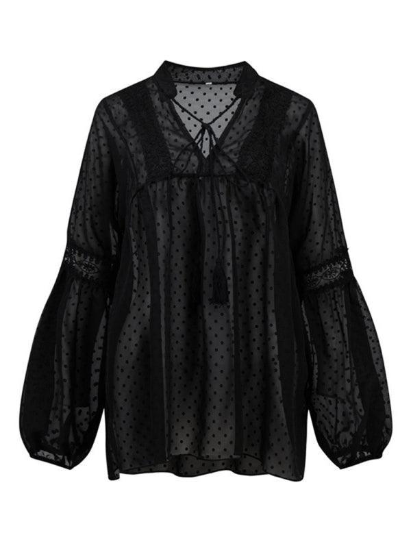 Women's Chiffon Stitching Lace Loose Balloon Sleeve Top Shirt - 808Lush