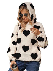 Women's Christmas Valentine's Day Loose Plush Hooded Love Print Pullover Sweatshirt - 808Lush