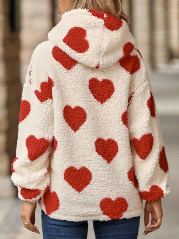 Women's Christmas Valentine's Day Loose Plush Hooded Love Print Pullover Sweatshirt - 808Lush