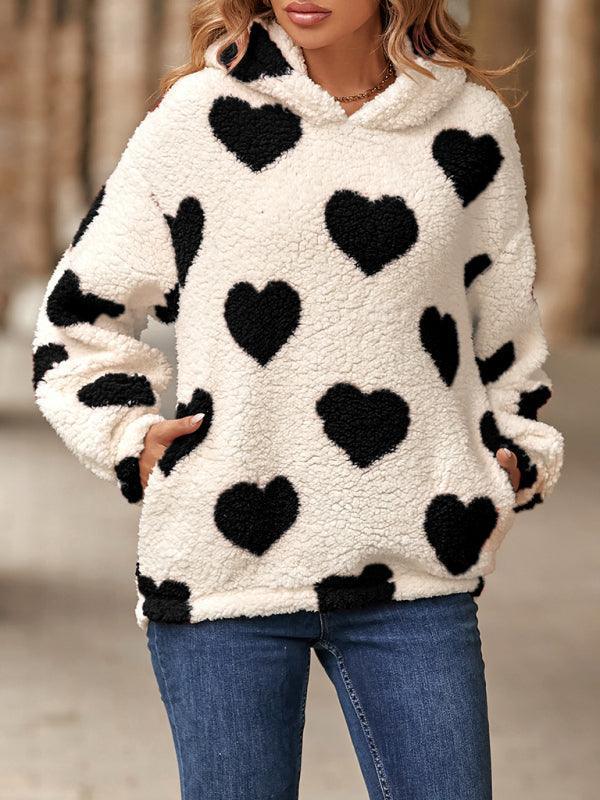 Women's Christmas Valentine's Day Loose Plush Hooded Love Print Pullover Sweatshirt - 808Lush