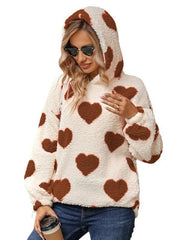 Women's Christmas Valentine's Day Loose Plush Hooded Love Print Pullover Sweatshirt - 808Lush