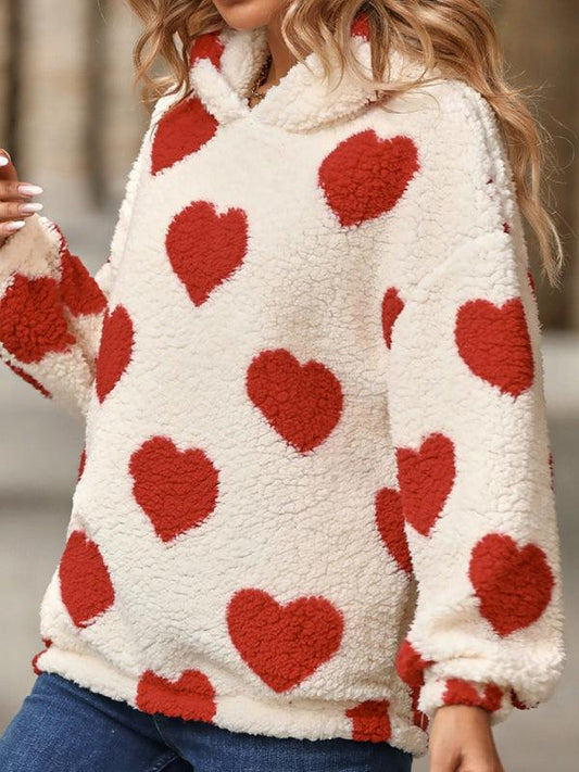 Women's Christmas Valentine's Day Loose Plush Hooded Love Print Pullover Sweatshirt - 808Lush