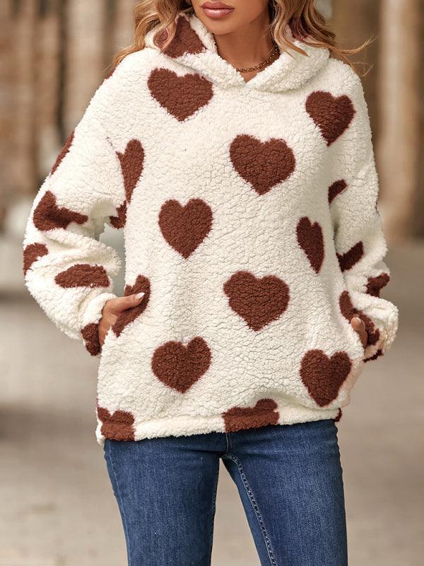 Women's Christmas Valentine's Day Loose Plush Hooded Love Print Pullover Sweatshirt - 808Lush