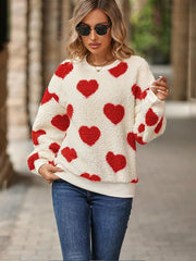 Women's Christmas Valentine's Day Plush Love Print Loose Long Sleeve Round Neck Pullover Sweatshirt - 808Lush