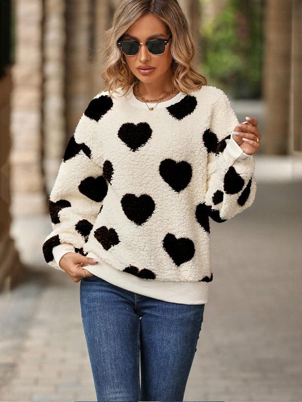 Women's Christmas Valentine's Day Plush Love Print Loose Long Sleeve Round Neck Pullover Sweatshirt - 808Lush