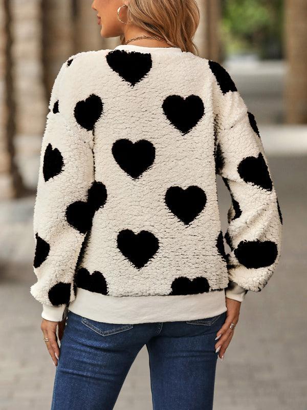 Women's Christmas Valentine's Day Plush Love Print Loose Long Sleeve Round Neck Pullover Sweatshirt - 808Lush