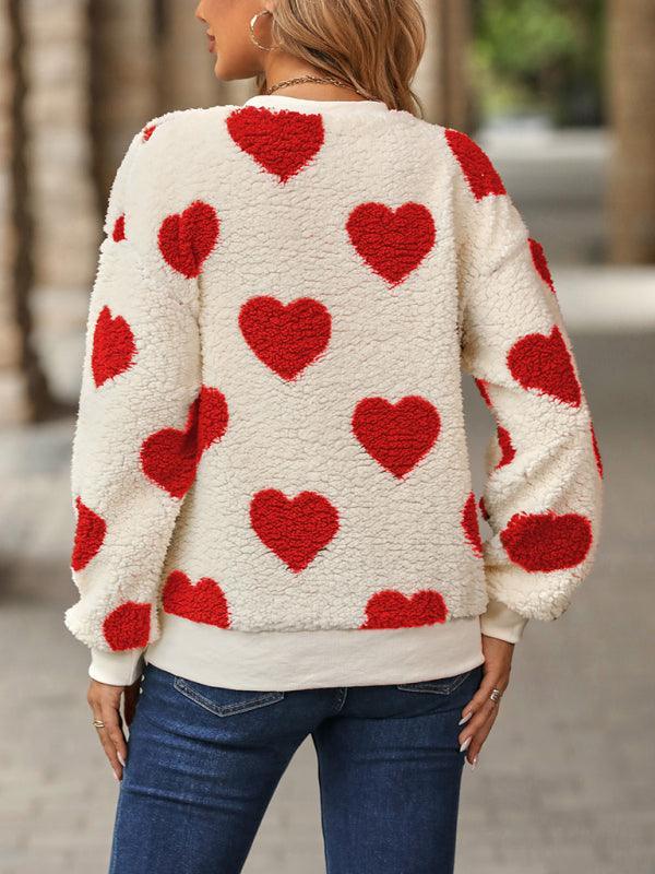 Women's Christmas Valentine's Day Plush Love Print Loose Long Sleeve Round Neck Pullover Sweatshirt - 808Lush