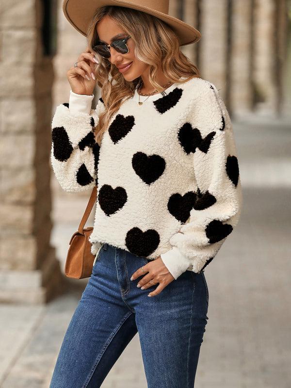 Women's Christmas Valentine's Day Plush Love Print Loose Long Sleeve Round Neck Pullover Sweatshirt - 808Lush