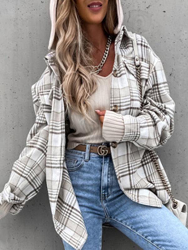 Women's Coat Fashion Hooded Wool Plaid Shirt Coat - 808Lush