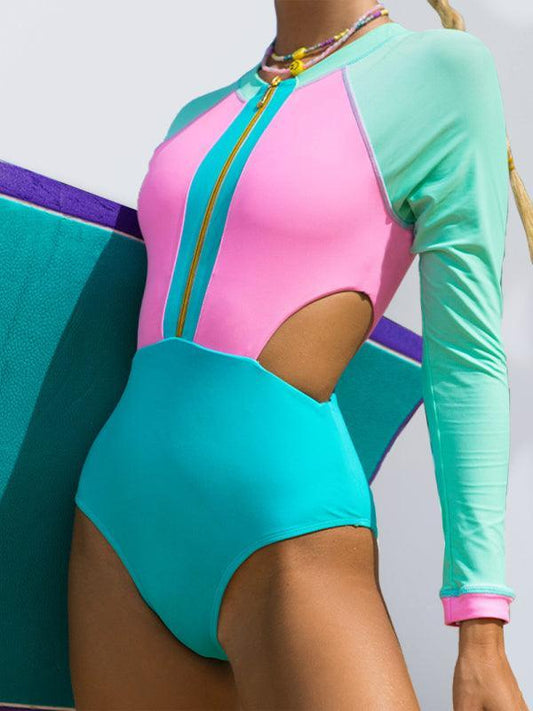 Women's Conservative Contrasting Color Tight Sunscreen Long-sleeved One-Piece Swimsuit - 808Lush