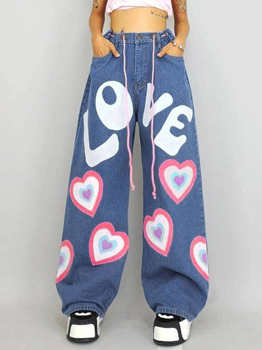 Women's Contrasting Color Heart Graffiti Print Loose Jeans - 808Lush