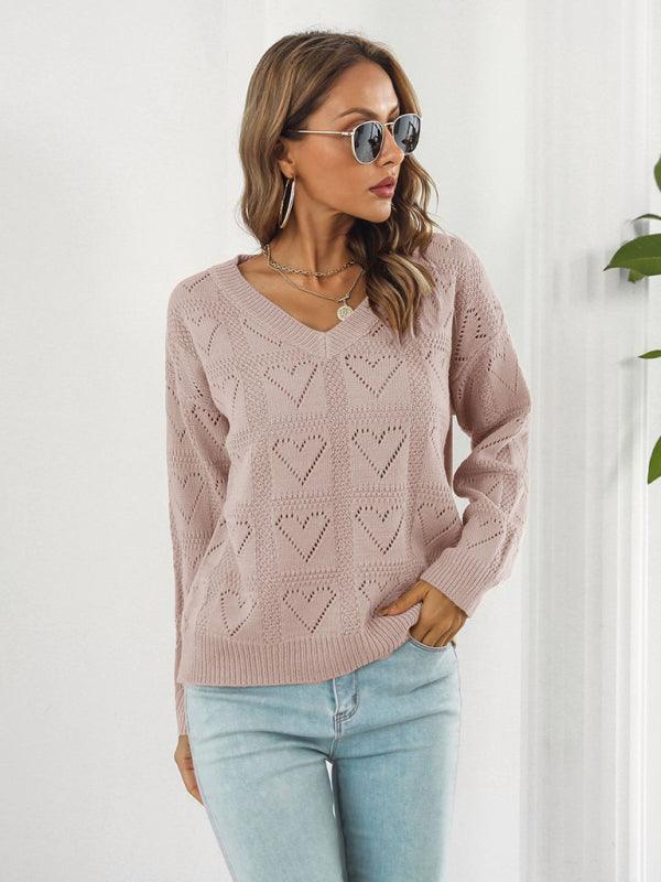 Women's Cutout Heart Plaid Drop-Shoulder Sleeve Sweater - 808Lush