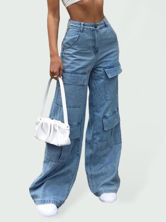 Women's Denim Multi Pocket Loose Casual Cargo Pants - 808Lush